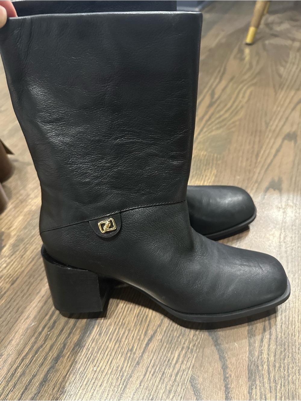AEROSOLES Black Leather Mid-Calf Block Heel Boots with Gold Logo